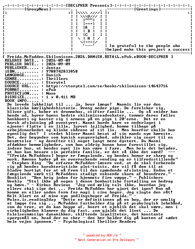 NFO for the release Freida.McFadden.Skilsmissen.2026.DANiSH.RETAiL.ePub.eBOOK-DECiPHER by DECiPHER