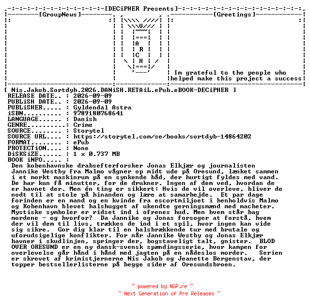 NFO for the release Nis.Jakob.Sortdyb.2026.DANiSH.RETAiL.ePub.eBOOK-DECiPHER by DECiPHER