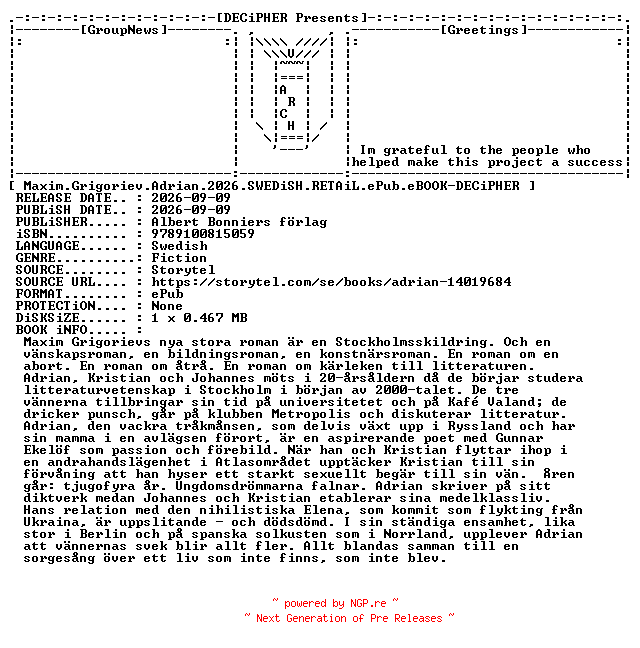 NFO for the release Maxim.Grigoriev.Adrian.2026.SWEDiSH.RETAiL.ePub.eBOOK-DECiPHER by DECiPHER