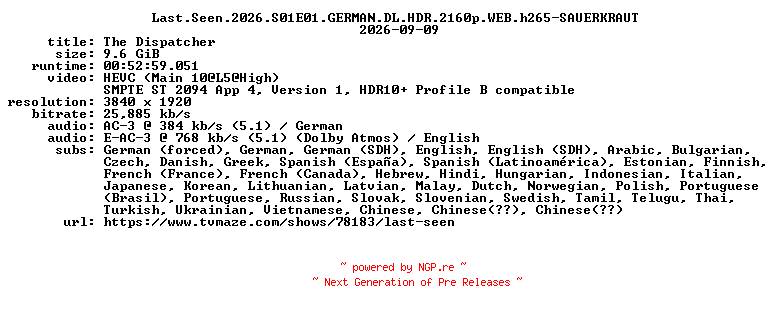 NFO for the release Last.Seen.2026.S01E01.GERMAN.DL.HDR.2160p.WEB.h265-SAUERKRAUT by SAUERKRAUT