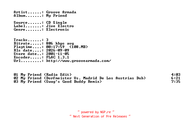 NFO for the release Groove_Armada-My_Friend-CDS-FLAC-2001-401 by 401