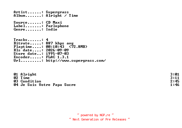 NFO for the release Supergrass-Alright_-_Time-CDM-FLAC-1995-401 by 401