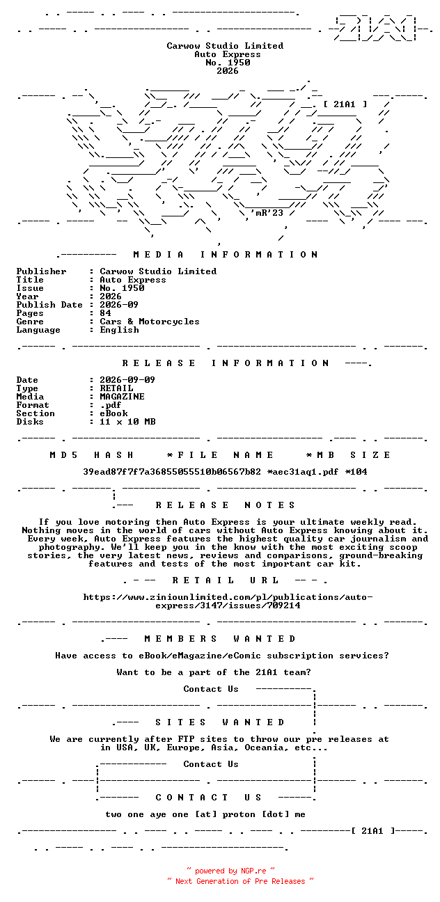 NFO for the release Auto.Express.No.1950.2026.RETAIL.MAGAZINE.eBook-21A1 by 21A1