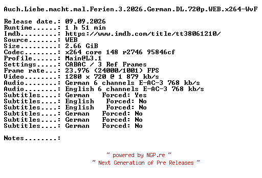NFO for the release Auch.Liebe.macht.mal.Ferien.3.2026.German.DL.720p.WEB.x264-WvF by WvF