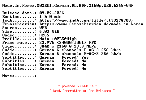 NFO for the release Made.in.Korea.S02E01.German.DL.HDR.2160p.WEB.h265-W4K by W4K
