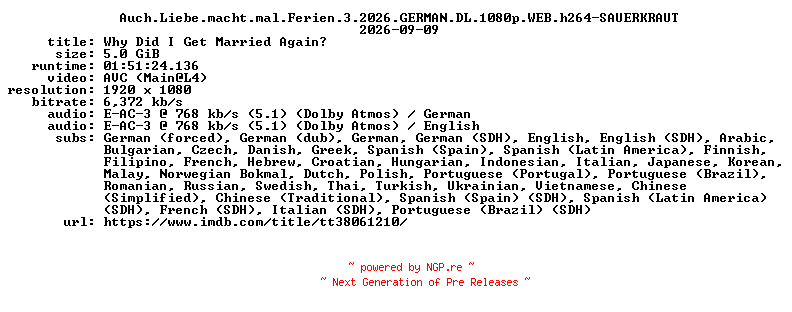 NFO for the release Auch.Liebe.macht.mal.Ferien.3.2026.GERMAN.DL.1080p.WEB.h264-SAUERKRAUT by SAUERKRAUT