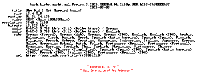 NFO for the release Auch.Liebe.macht.mal.Ferien.3.2026.GERMAN.DL.2160p.WEB.h265-SAUERKRAUT by SAUERKRAUT