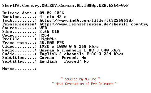 NFO for the release Sheriff.Country.S01E07.German.DL.1080p.WEB.h264-WvF by WvF