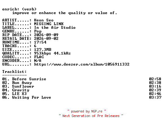 NFO for the release Heon_Seo-MISSING_LINK-KR-EP-16BIT-WEB-FLAC-2026-ENRiCH by ENRiCH