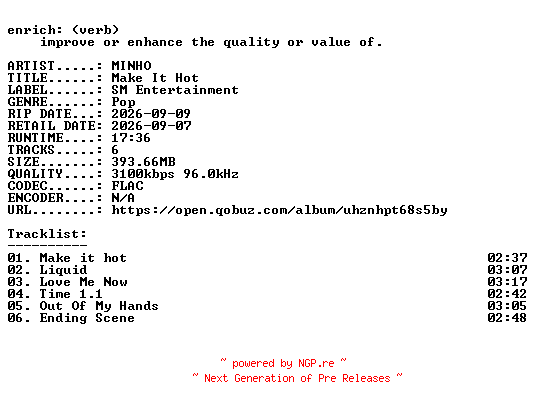 NFO for the release MINHO-Make_It_Hot-KR-EP-24BIT-WEB-FLAC-2026-ENRiCH by ENRiCH