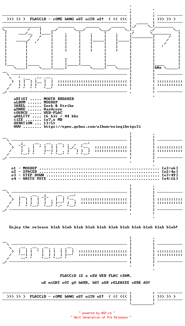 NFO for the release MOUTH_BREAKER-MOSHUP-EP-16BIT-WEB-FLAC-2026-FLACCiD by FLACCiD