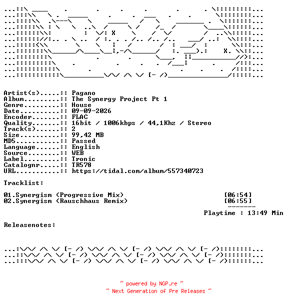 NFO for the release Pagano-The_Synergy_Project_Pt_1-TR578-16BIT-WEB-FLAC-2026-WAVED by WAVED