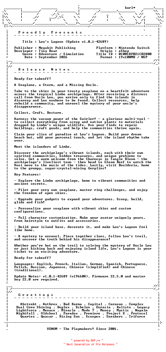 NFO for the release Lous_Lagoon_Update_v1.0.1-42689_NSW-VENOM by VENOM