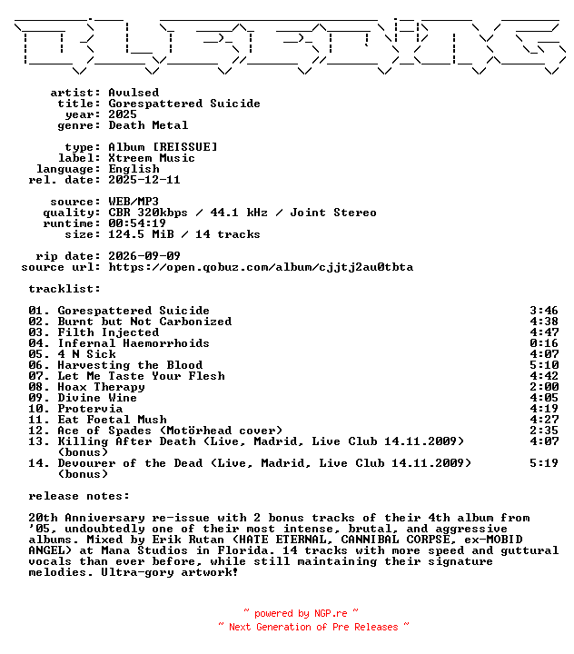 NFO for the release Avulsed-Gorespattered_Suicide-Reissue-WEB-2025-BLEEDiNG by BLEEDiNG