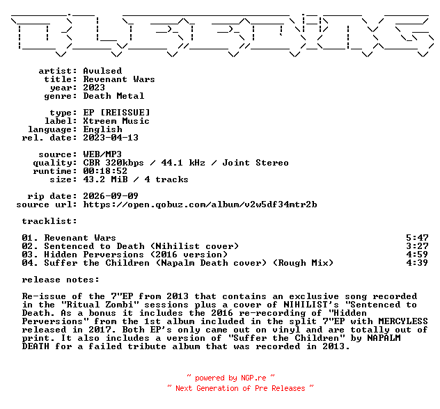 NFO for the release Avulsed-Revenant_Wars-Reissue-EP-WEB-2023-BLEEDiNG by BLEEDiNG