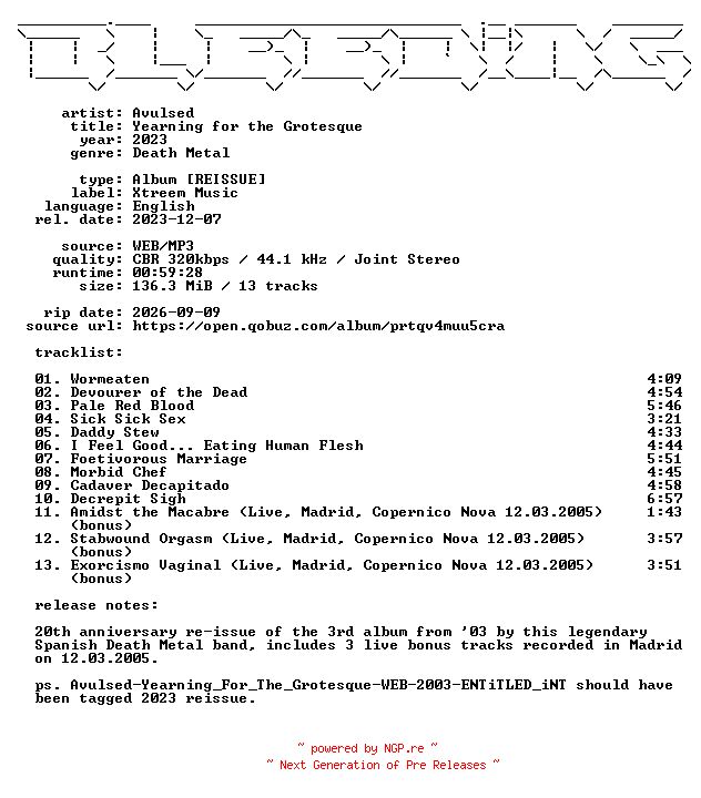 NFO for the release Avulsed-Yearning_for_the_Grotesque-Reissue-WEB-2023-BLEEDiNG by BLEEDiNG