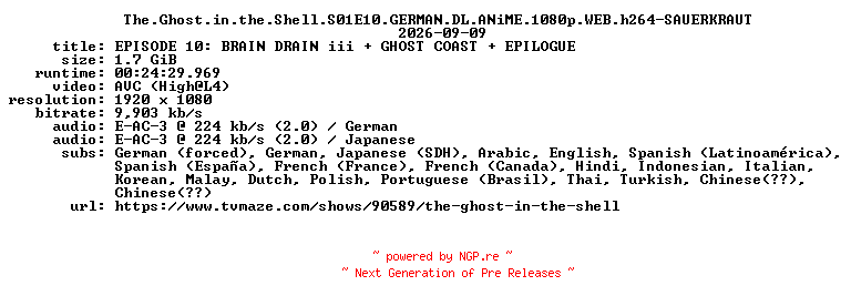 NFO for the release The.Ghost.in.the.Shell.S01E10.GERMAN.DL.ANiME.1080p.WEB.h264-SAUERKRAUT by SAUERKRAUT