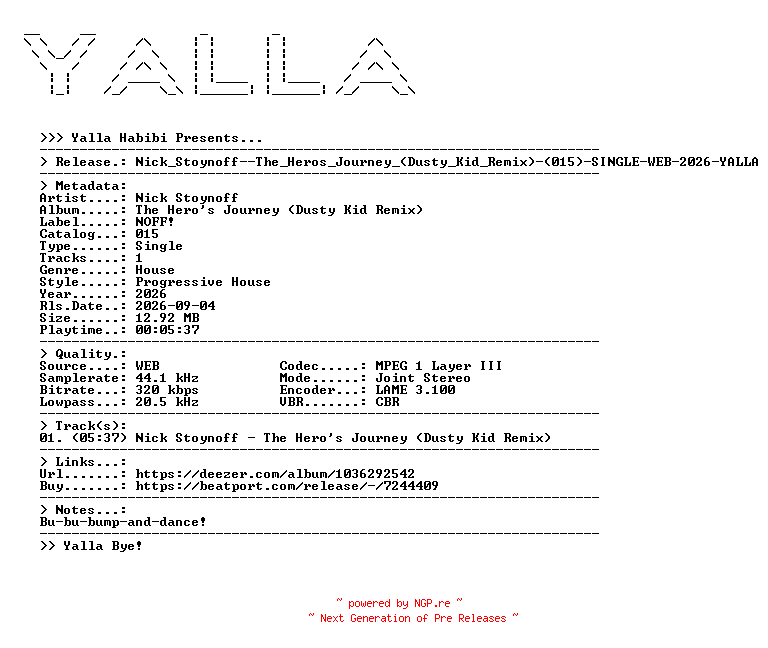 NFO for the release Nick_Stoynoff--The_Heros_Journey_(Dusty_Kid_Remix)-(015)-SINGLE-WEB-2026-YALLA by YALLA