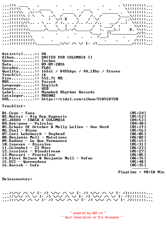 NFO for the release VA-UNITED_FOR_COLOMBIA_II-MRS002-16BIT-WEB-FLAC-2026-WAVED by WAVED