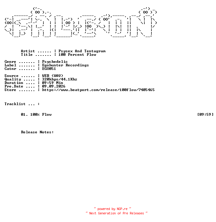 NFO for the release Psysex_And_Tentagram-100_Percent_Flow-(EGO051)-SINGLE-WEB-2026-FALCON by FALCON