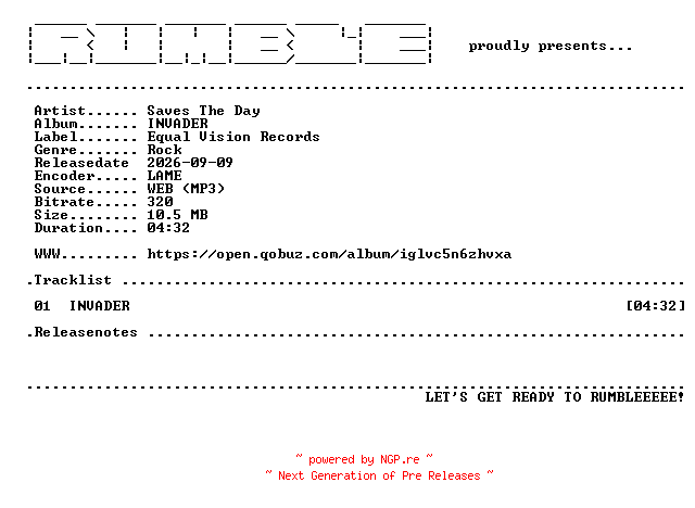 NFO for the release Saves_The_Day-INVADER-SINGLE-(WEB)-2026-RUMBLE by RUMBLE