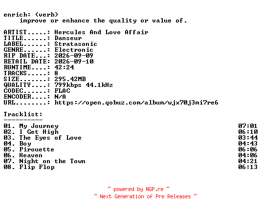NFO for the release Hercules_And_Love_Affair-Danseur-16BIT-WEB-FLAC-2026-ENRiCH by ENRiCH