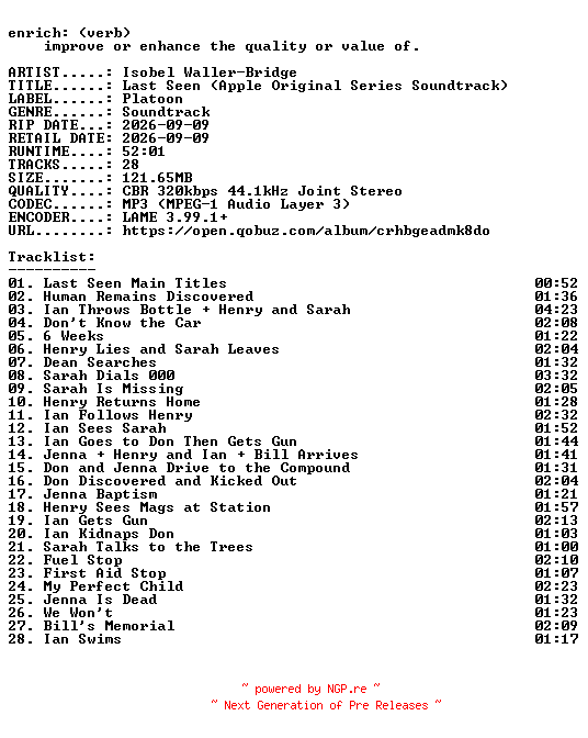 NFO for the release Isobel_Waller-Bridge-Last_Seen_(Apple_Original_Series_Soundtrack)-OST-WEB-2026-ENRiCH by ENRiCH
