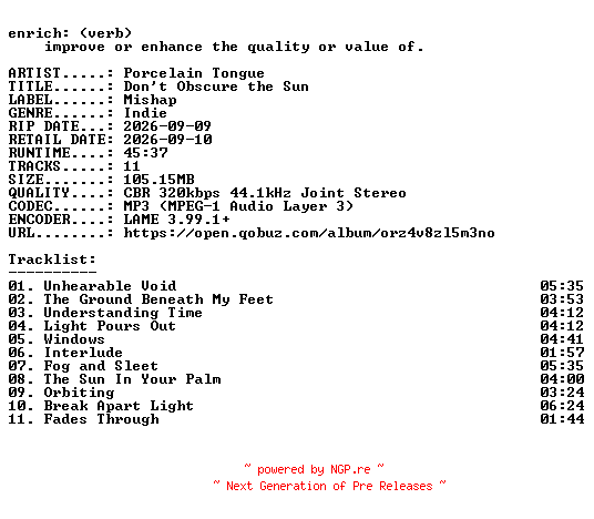 NFO for the release Porcelain_Tongue-Dont_Obscure_the_Sun-WEB-2026-ENRiCH by ENRiCH