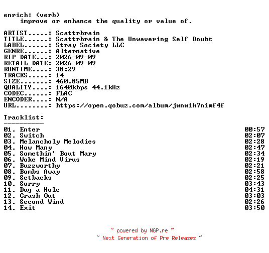 NFO for the release Scattrbrain-Scattrbrain_and_The_Unwavering_Self_Doubt-24BIT-WEB-FLAC-2026-ENRiCH by ENRiCH