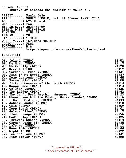 NFO for the release Paula_Cole-SONIC_MEMOIR_Vol._II_(Demos_1989-1998)-24BIT-WEB-FLAC-2026-ENRiCH by ENRiCH