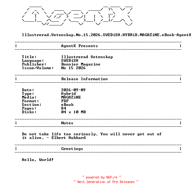 NFO for the release Illustrerad.Vetenskap.No.15.2026.SWEDiSH.HYBRiD.MAGAZiNE.eBook-AgentX by AgentX