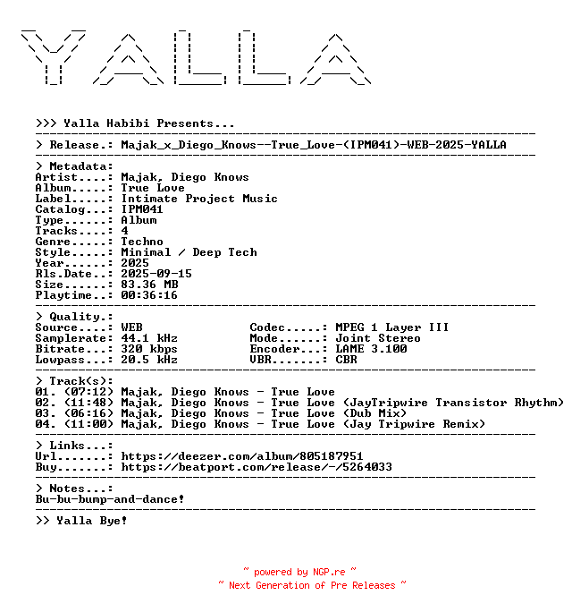 NFO for the release Majak_x_Diego_Knows--True_Love-(IPM041)-WEB-2025-YALLA by YALLA