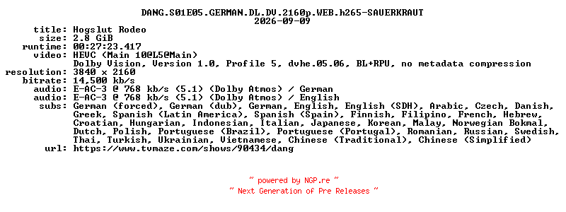 NFO for the release DANG.S01E05.GERMAN.DL.DV.2160p.WEB.h265-SAUERKRAUT by SAUERKRAUT