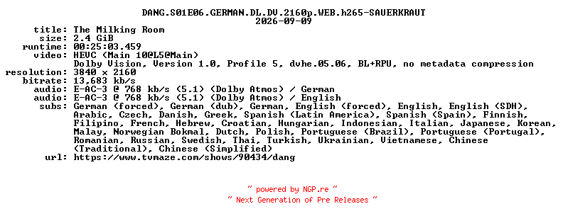 NFO for the release DANG.S01E06.GERMAN.DL.DV.2160p.WEB.h265-SAUERKRAUT by SAUERKRAUT