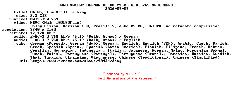 NFO for the release DANG.S01E07.GERMAN.DL.DV.2160p.WEB.h265-SAUERKRAUT by SAUERKRAUT