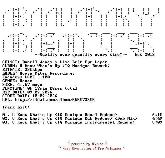 NFO for the release Donell_Jones_x_Lisa_Left_Eye_Lopez-U_Know_Whats_Up_(IQ_Musique_Rework)-(HMR038)-WEB-2026-BB by BB