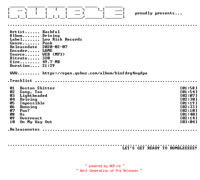 NFO for the release Bashful-Driving-(WEB)-2020-RUMBLE by RUMBLE