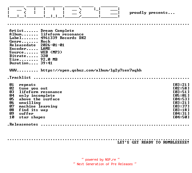 NFO for the release Dream_Complete-Lifeform_Resonance-(WEB)-2026-RUMBLE by RUMBLE