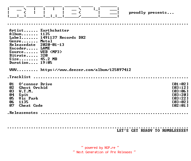NFO for the release Earthshatter-1135-EP-(WEB)-2020-RUMBLE by RUMBLE
