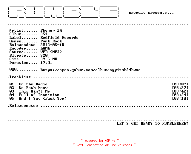 NFO for the release Phoney_14-351-EP-(WEB)-2012-RUMBLE by RUMBLE
