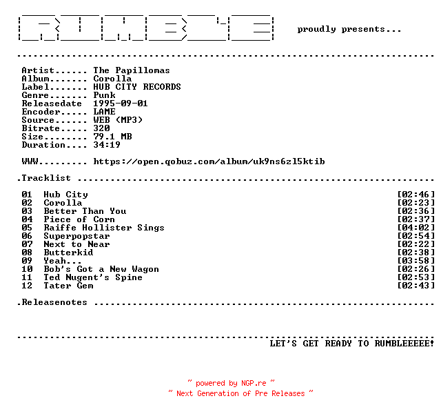 NFO for the release The_Papillomas-Corolla-(WEB)-1995-RUMBLE by RUMBLE