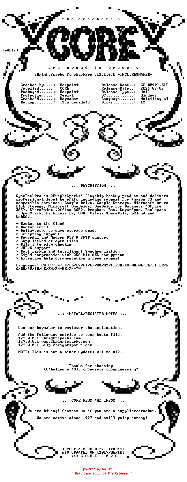NFO for the release 2BrightSparks.SyncBackPro.v12.1.6.0.x64.Multilingual.Incl.Keymaker-CORE by CORE