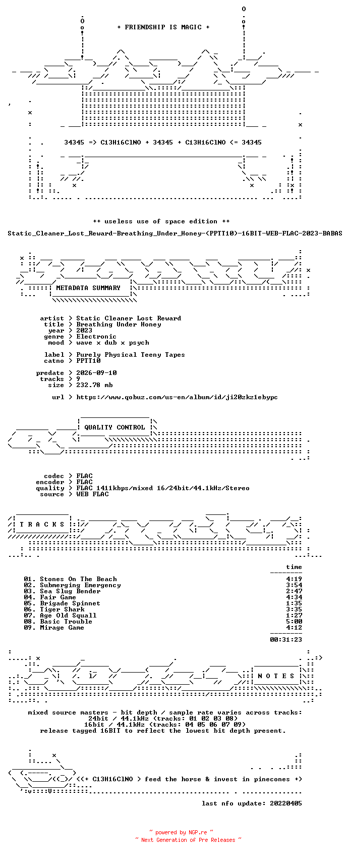 NFO for the release Static_Cleaner_Lost_Reward-Breathing_Under_Honey-(PPTT10)-16BIT-WEB-FLAC-2023-BABAS by BABAS