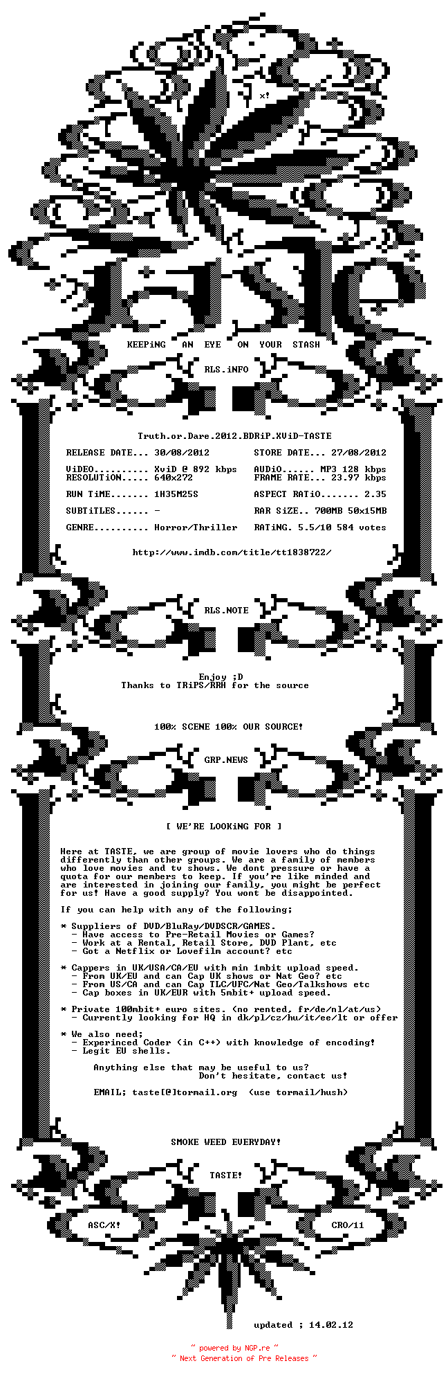 NFO for the release Truth.or.Dare.2012.BDRiP.XViD-TASTE by TASTE