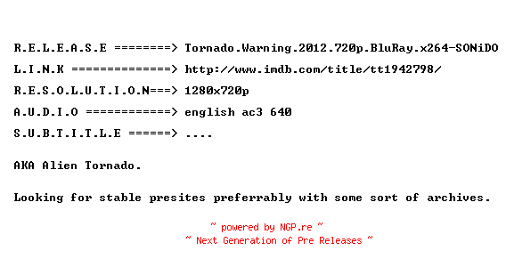 NFO for the release Tornado.Warning.2012.720p.BluRay.x264-SONiDO by SONiDO