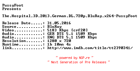 NFO for the release The.Hospital.3D.2013.German.DL.720p.BluRay.x264-PussyFoot by PussyFoot