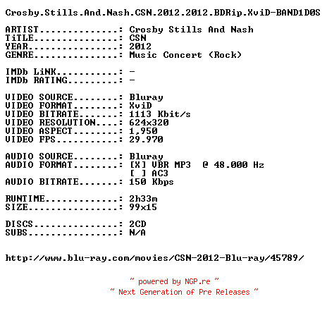 NFO for the release Crosby.Stills.And.Nash.CSN.2012.2012.BDRip.XviD-BAND1D0S by BAND1D0S
