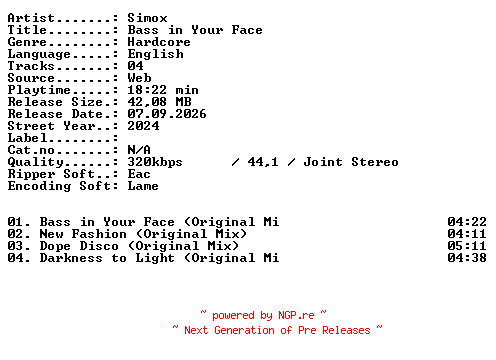 NFO for the release Simox-Bass_in_Your_Face-WEB-2024-XTC_iNT by XTC_iNT