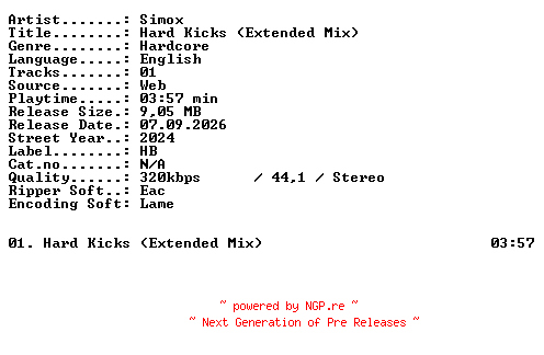 NFO for the release Simox-Hard_Kicks_(Extended_Mix)-SINGLE-WEB-2024-XTC_iNT by XTC_iNT