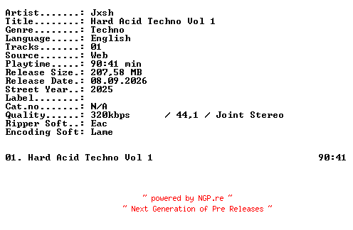 NFO for the release JXSH-HARD_ACID_TECHNO_VOL_1-WEB-2025-XTC_iNT by XTC_iNT